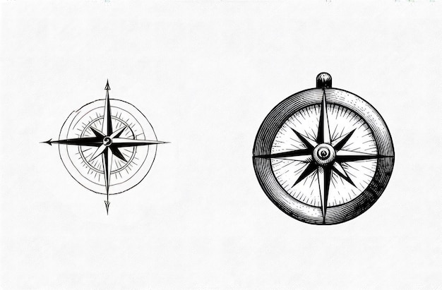 Photo vintage nautical compass in black and white on white background engraving illustration