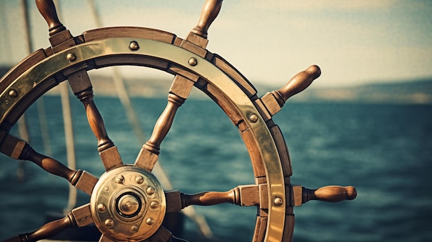 Vintage nautical detail of the steering wheel of a shi