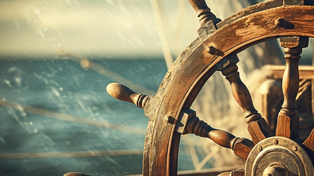 Vintage nautical detail of the steering wheel of a shi