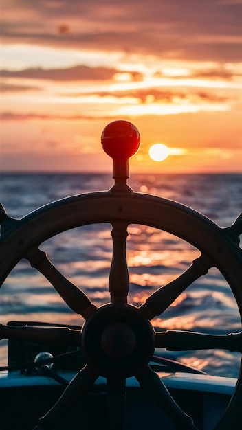 Photo vintage nautical detail of a steering wheel of a ship in front of the sea at sunset banner