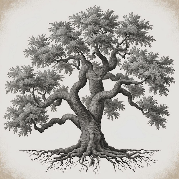 Photo vintage oak tree illustration white background