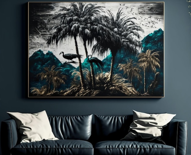 Vintage oasis of palm trees mountains.