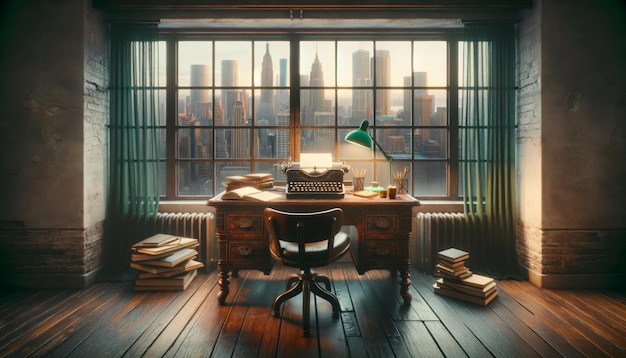 Vintage office interior with desk chair and window view of city buildings