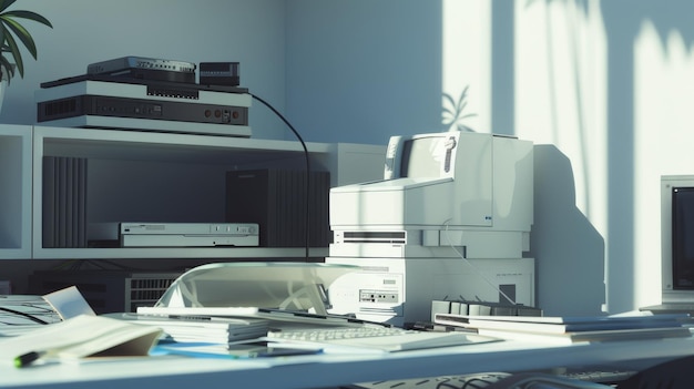 Vintage office setup bathed in sunlight featuring retro equipment such as printers and computers evoking nostalgia