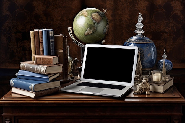 Vintage Office or Study Table with A Smart Laptop Books Globe Stand in Brown Room Generative AI