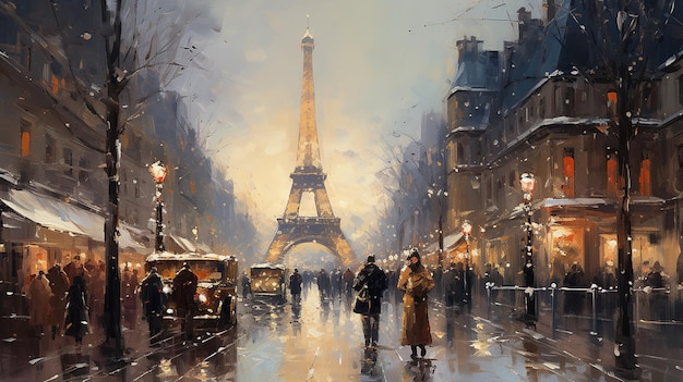 Vintage Oil Painting Christmas in Paris with Muted Colors