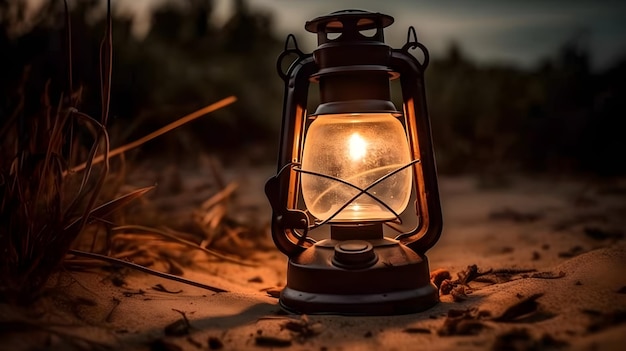 Vintage old outdoor kerosene fire lamp in a sandy ground good as a concept image for camping