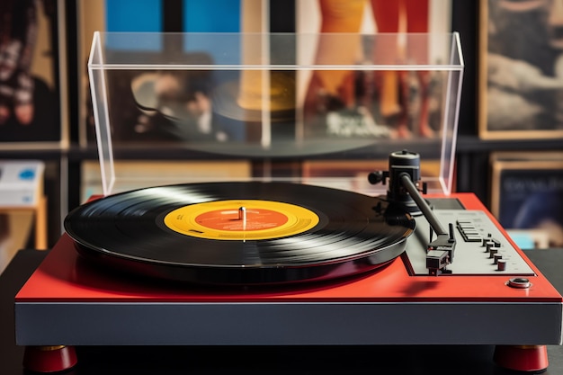 Vintage oldfashioned turntable player with vinyl music disc Generative AI