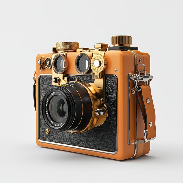 Vintage orange and black camera with gold accents and a sleek leather strap