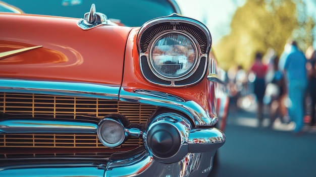 Photo vintage orange car closeup with headlight details in sunny outdoor setting