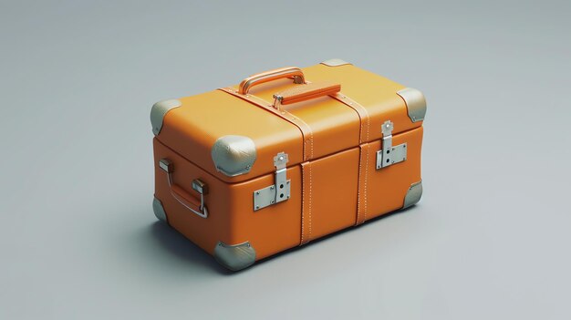 A vintage orange leather suitcase with metal accents and a handle