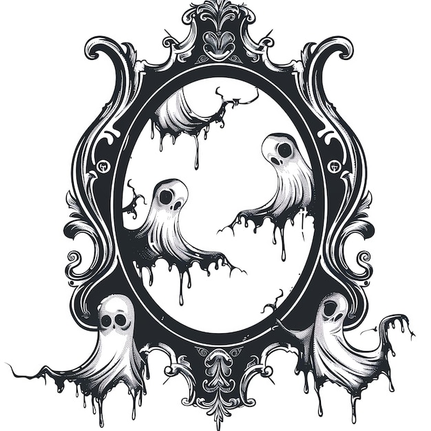 Photo vintage ornate frame illustration with spooky dripping ghostly figures and intricate detail