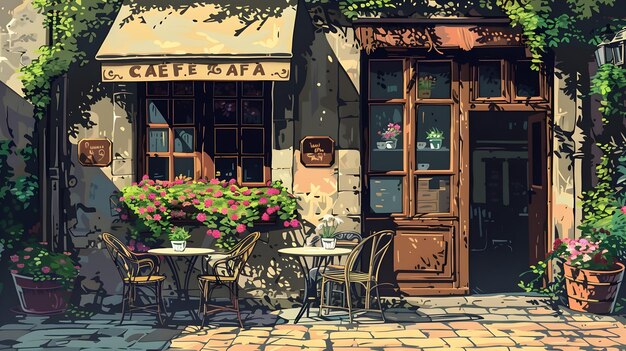 Photo vintage parisian cafe scene with wrought iron chairs and flower filled window boxes