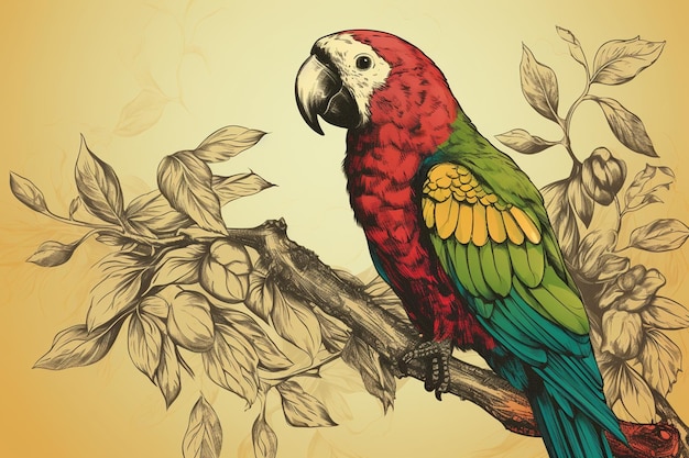 Photo vintage parrot variety perched on the branch illustration vector