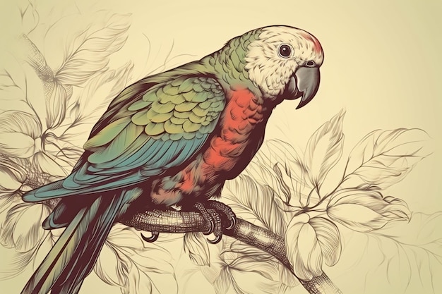 Photo vintage parrot variety perched on the branch illustration vector