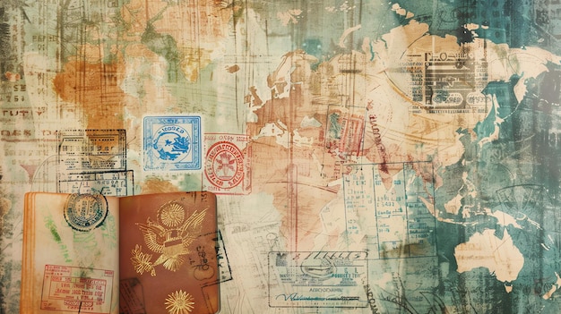 Vintage passport with stamps and world map background