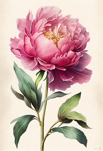 A vintage peony illustration with a green stem and a pink flower.