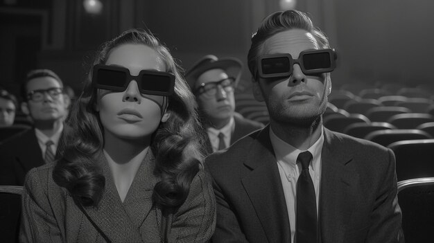 vintage people watching movie in the cinema wearing 3d black lens glasses