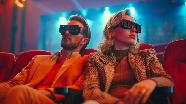 vintage people watching movie in the cinema wearing 3d black lens glasses