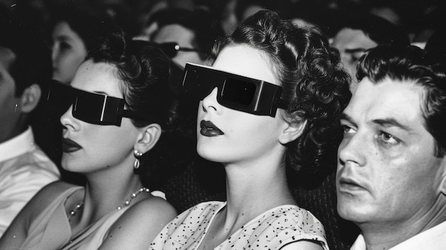 vintage people watching movie in the cinema wearing 3d black lens glasses