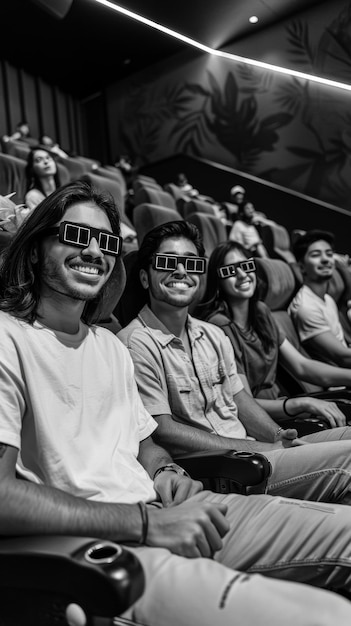 vintage people watching movie in the cinema wearing 3d black lens glasses