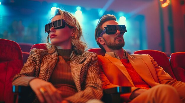 Photo vintage people watching movie in the cinema wearing 3d black lens glasses