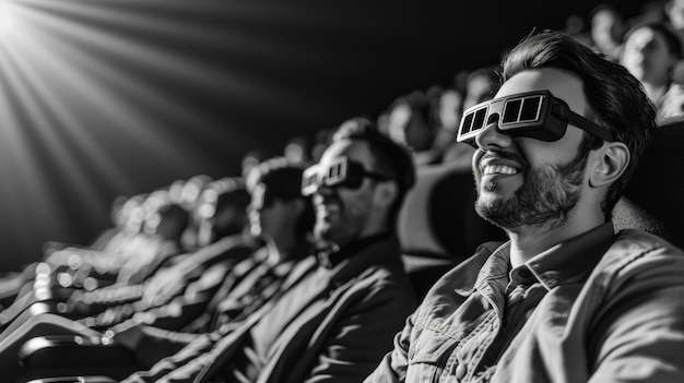 Photo vintage people watching movie in the cinema wearing 3d black lens glasses