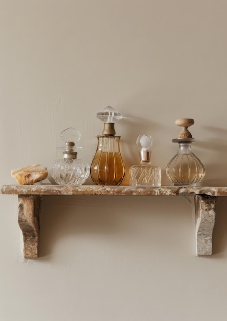 Vintage perfume bottles on a marble shelf