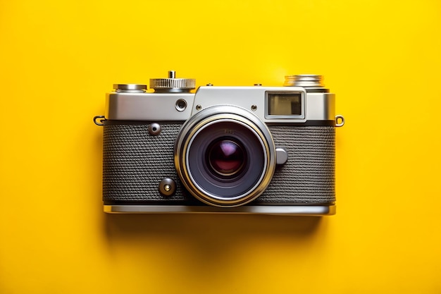 Vintage photo camera on yellow background