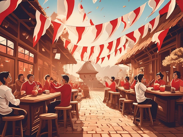 A vintage photo of a traditional Indonesian coffee shop decorated with red and white flags