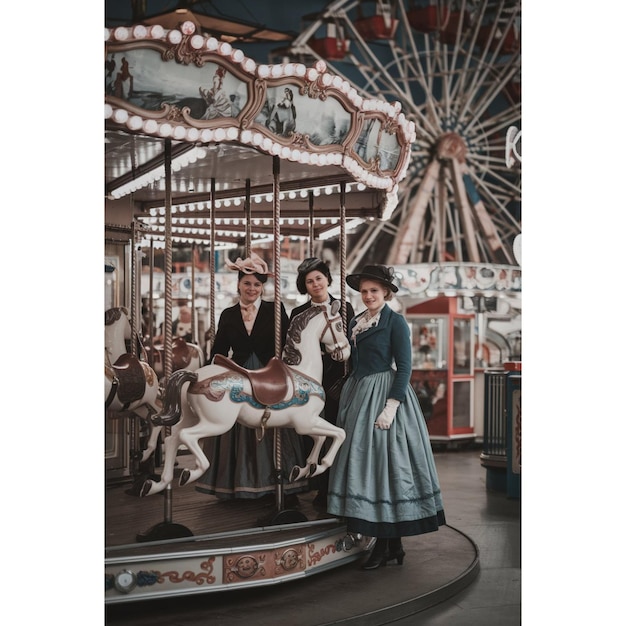 Photo a vintage photo of two women in a blue dress and a white horse