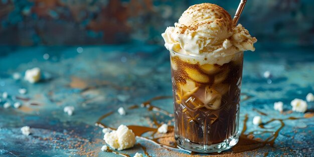 Photo vintage photograph featuring a root beer float with vanilla ice cream and a straw concept food photography vintage style root beer float dessert photography classic beverage