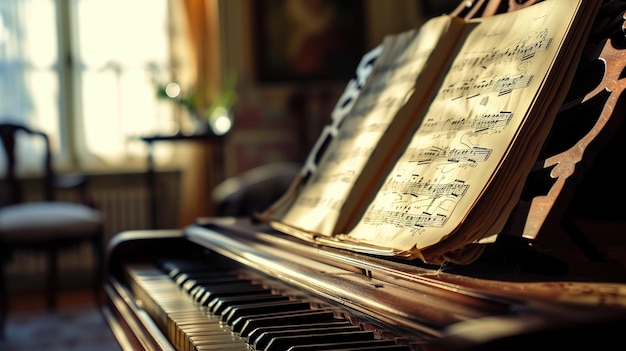 Vintage piano with sheet music in a sunny room