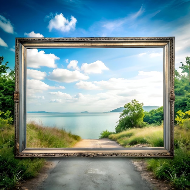 Photo a vintage picture frame stands open revealing a picturesque view of a tranquil bay under a blue sky