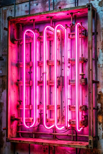 Vintage pink neon sign with glass tubes and flaking paint