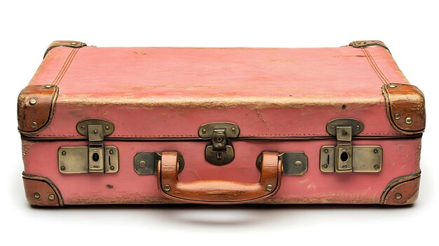 Photo vintage pink suitcase with worn leather handle and brass clasps isolated on a white background