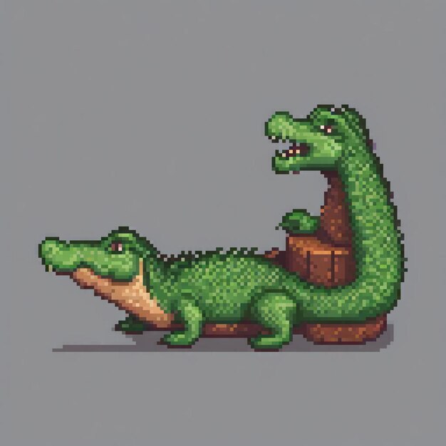 Photo vintage pixel art of a crocodile perched on a log showcasing its vibrant green hue