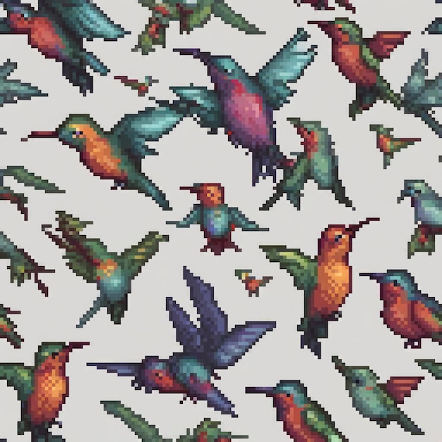 Vintage pixel art featuring a vibrant hummingbird pattern against a muted gray backdrop