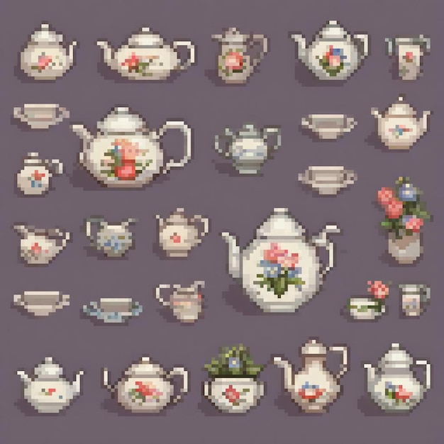 Photo vintage pixel art teapots and cups with floral designs