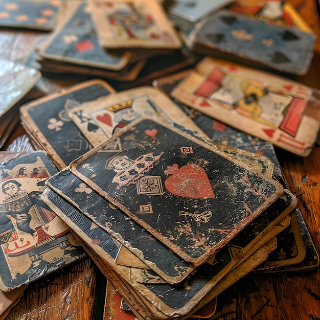 Vintage playing cards laid out on a wooden table showcasing intricate designs and the charm