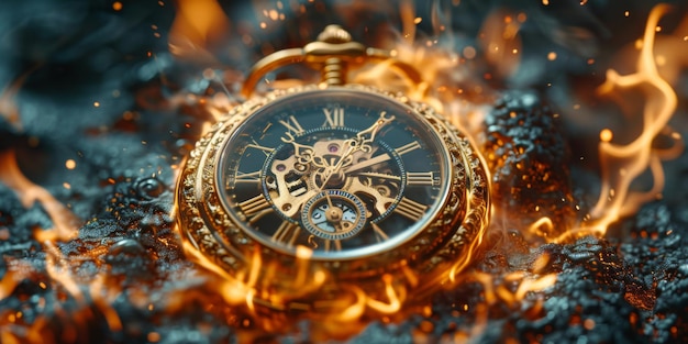 Vintage pocket watch embraced by flames Dark background