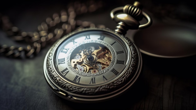 Vintage pocket watch on vintage background concept of time