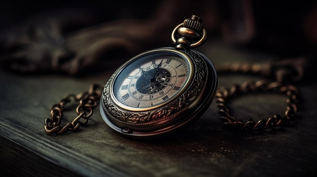 Vintage pocket watch on vintage background concept of time