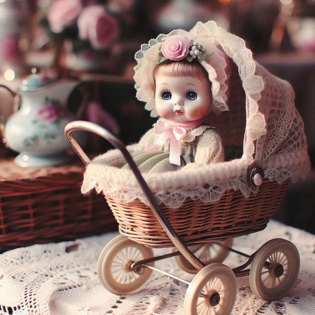 Photo vintage porcelain doll in a baby carriage