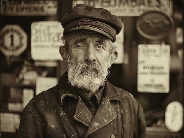 Vintage Portrait of Elderly Man in Front of Store Signs