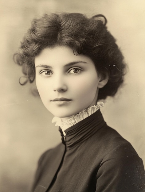 Photo vintage portrait of elegant young woman with curly hair in classic attire