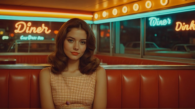 Vintage portrait of woman in retro diner booth