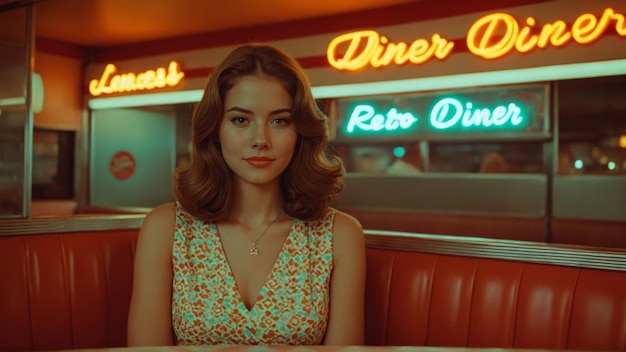 Vintage portrait of woman in retro diner booth