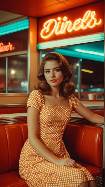 Vintage portrait of woman in retro diner booth