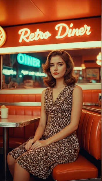 Vintage portrait of woman in retro diner booth